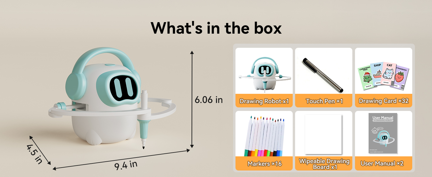iBeed everything in the box: robot, 16 markers, drawing cards, touch pen, wipeable board, user manual